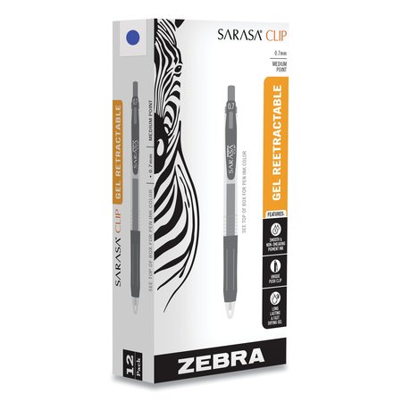 ZEBRA PEN Sarasa Clip Gel Pen, Retractable, Medium 0.7 mm, Blue Ink, Clear Barrel, PK12 48720